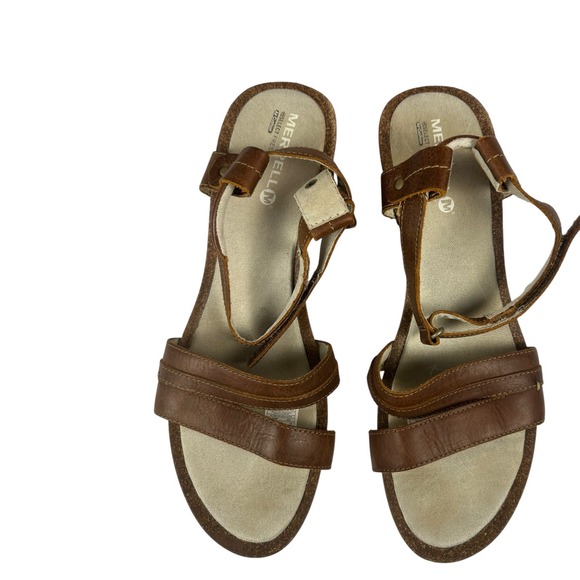 Merrell Select Grip Brown Leather Cork Wedge Sandals Womens Shoes - Picture 1 of 16